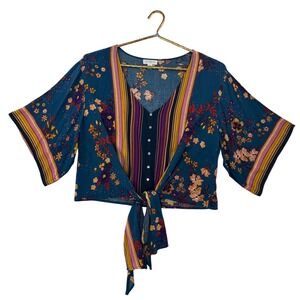 STUDIO JPR Womens Teal Floral Print Kimono Style Tie Front Crop Top Size L